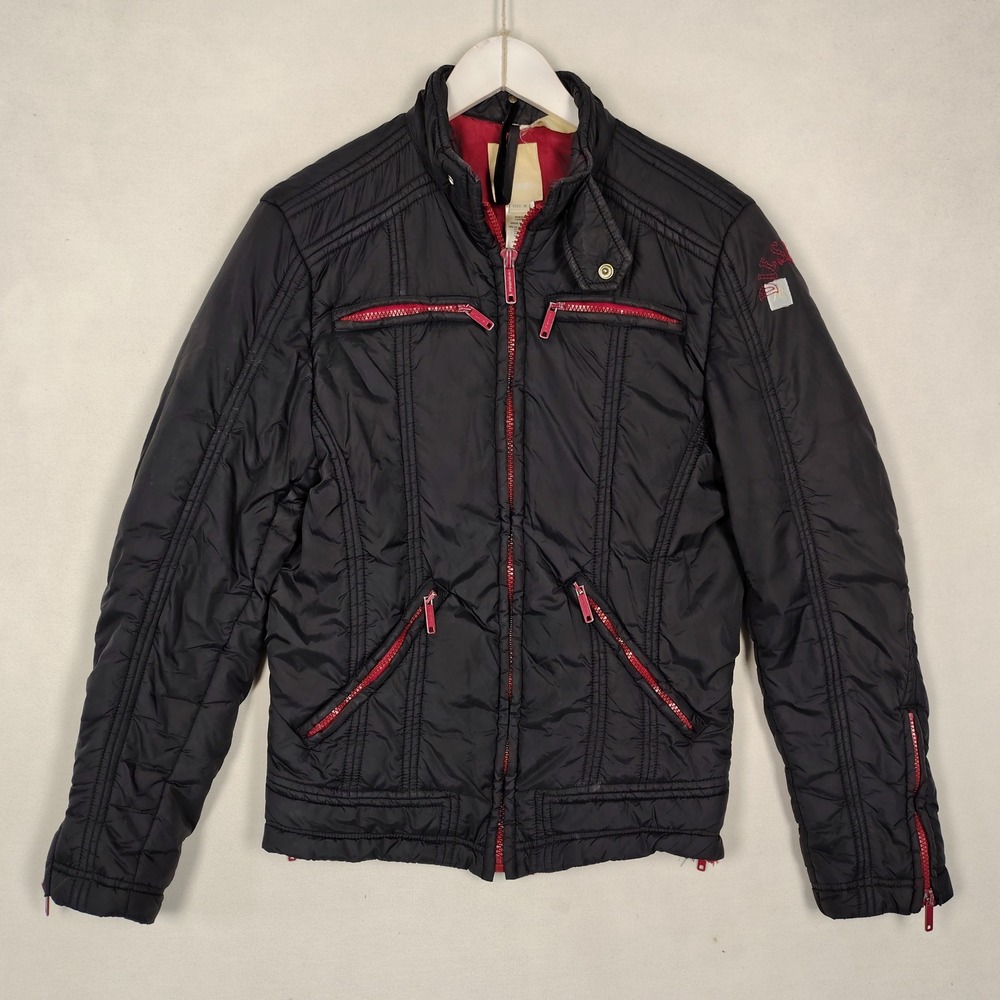 Diesel Mens Quilted Puffer Jacket Black Red Zip Moto Padded Coat Size M RN93243